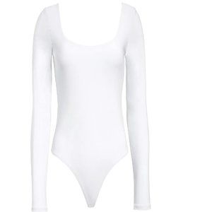 Leith White Bodysuit M Long Sleeve Scoop Neck and Back Thong Button Close NWD